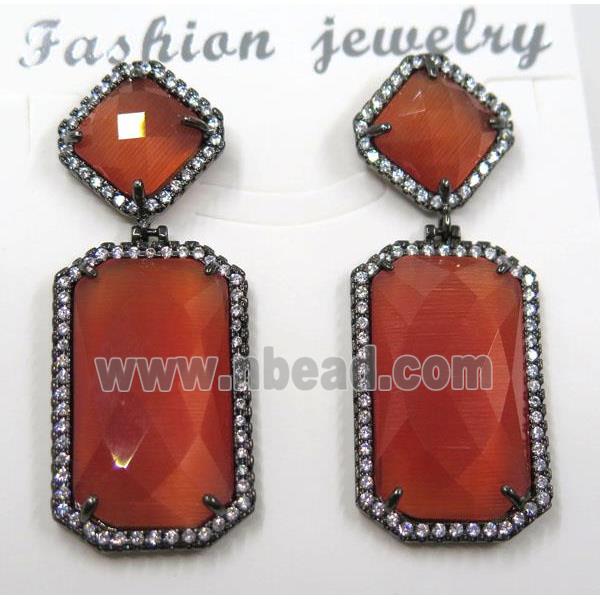 red cat eye stone earring pave zircon, rectangle