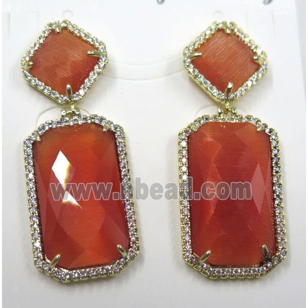 red cat eye stone earring pave zircon, rectangle