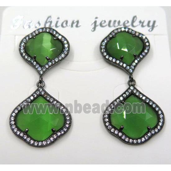 green cat eye stone earring pave zircon, clover