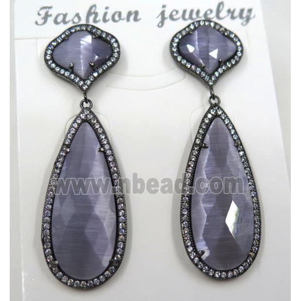 purple cat eye stone earring pave zircon, droplet