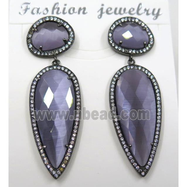 purple cat eye stone earring pave zircon, droplet