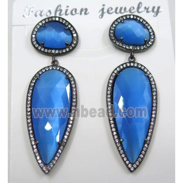 royal blue cat eye stone earring pave zircon, droplet