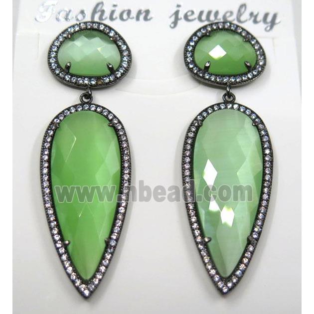green cat eye stone earring pave zircon, droplet