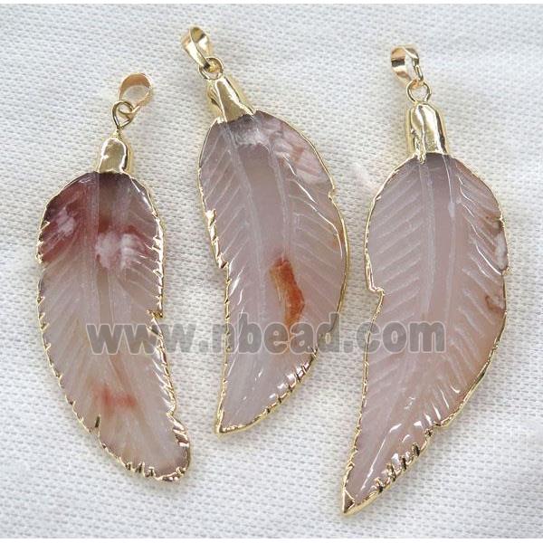 natural gray agate pendant, feather, gold plated