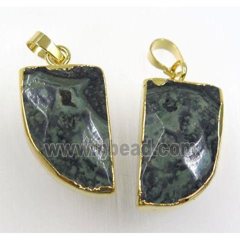 green Kambaba Jasper horn pendants, gold plated