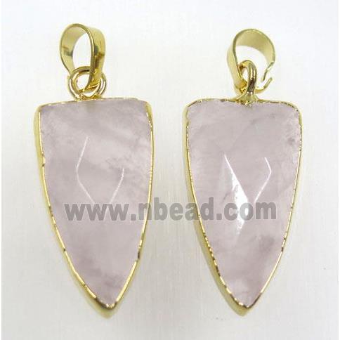 rose quartz arrowhead pendant, lt.pink, gold plated
