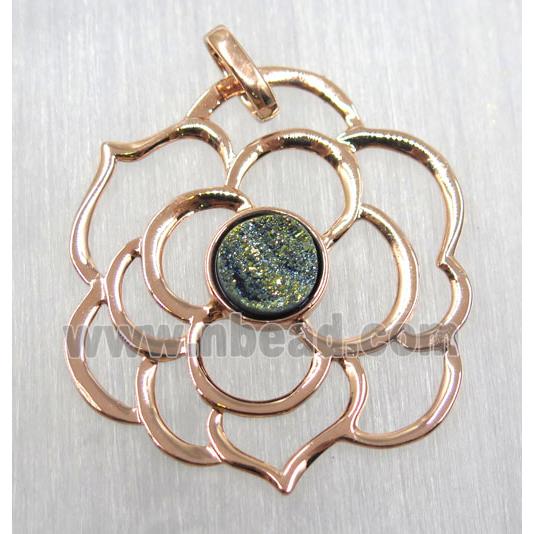 green druzy quartz pendant, copper flower, rose gold plated