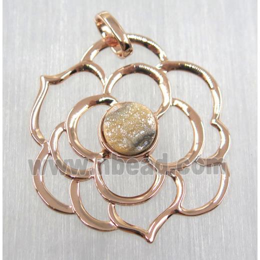 natural color druzy quartz pendant, copper flower, rose gold plated