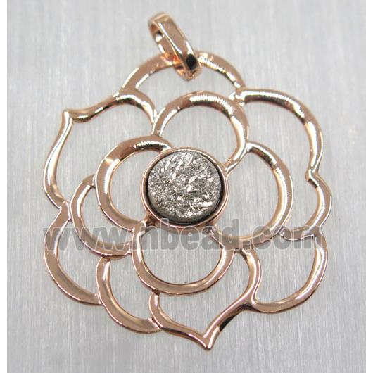 silver druzy quartz pendant, copper flower, rose gold plated