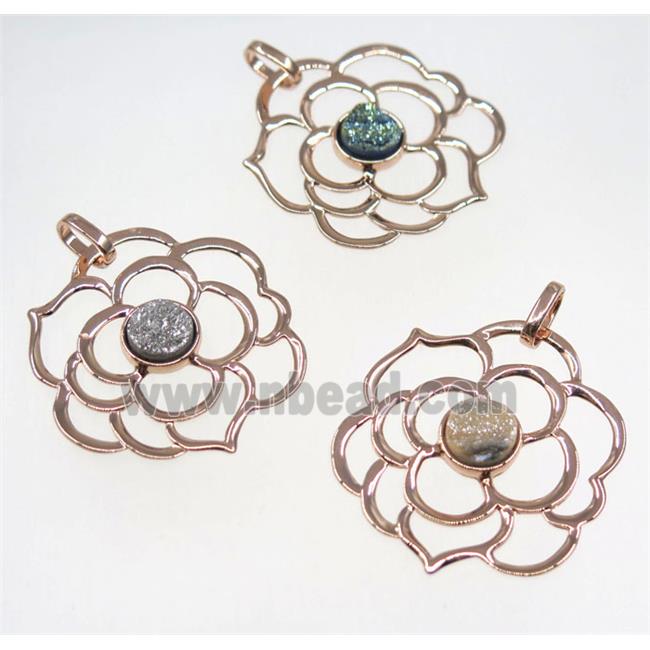 mix druzy quartz pendant, copper flower, rose gold plated