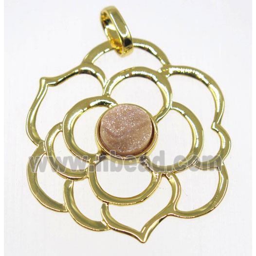 natural color Agate druzy pendant, copper flower, gold plated