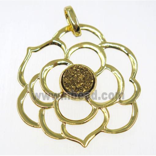 golden druzy quartz pendant, copper flower, gold plated