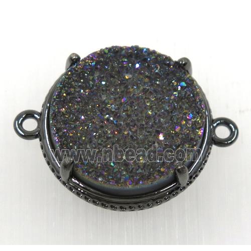 rainbow druzy agate connector, flat round, black plated
