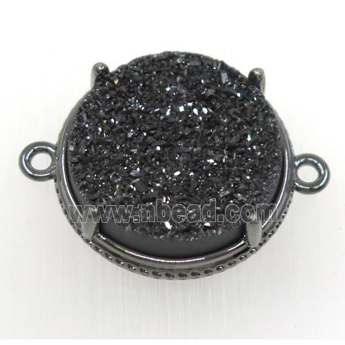 black druzy agate connector, flat round, black plated