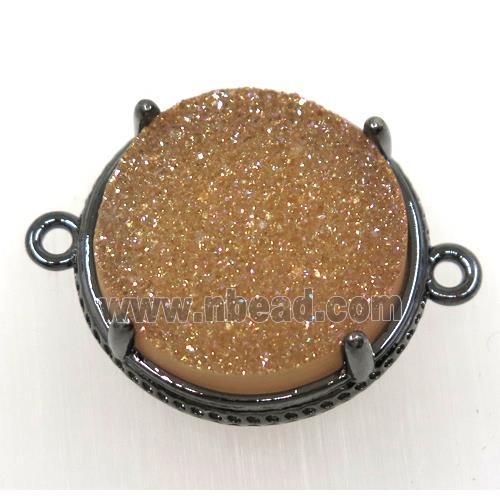 gold champagne druzy agate conenctor, flat round, black plated