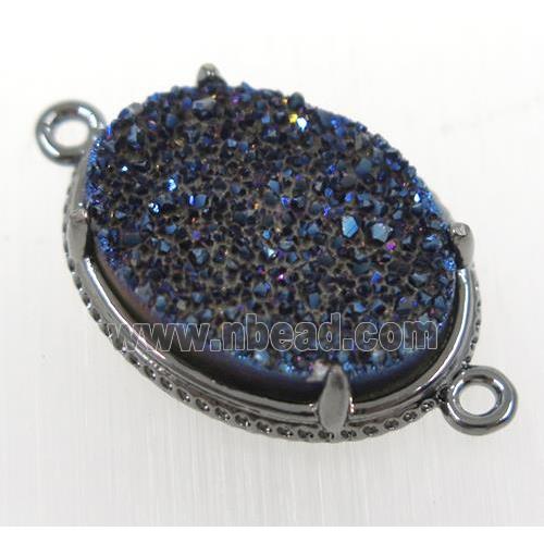 blue druzy agate oval connector, black plated