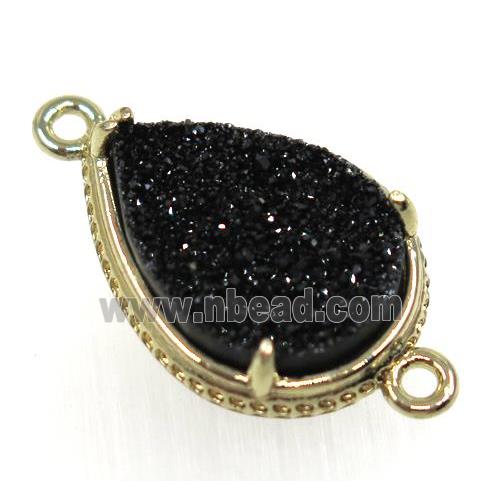 black druzy agate connector, teardrop, gold plated