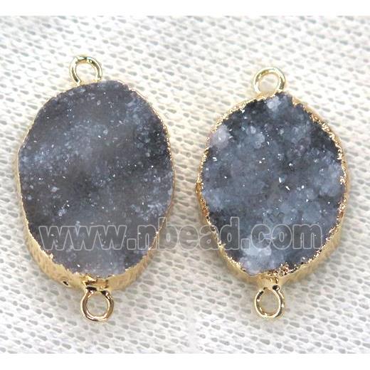 natural gray agate druzy connector, oval, gold plated