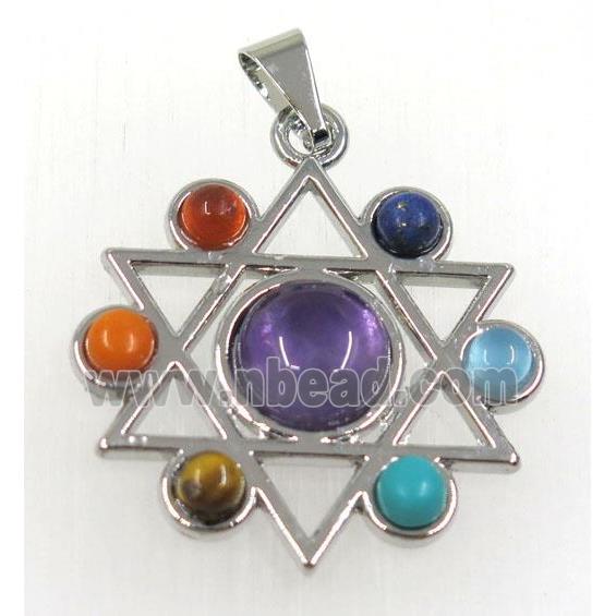 gemstone Chakra hexagram pendant, alloy, platinum plated