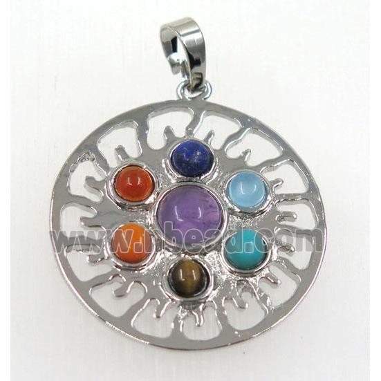 gemstone Chakra sun pendant, alloy, platinum plated