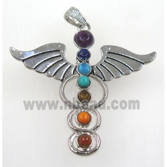 gemstone Chakra angel wing pendant, platinum plated