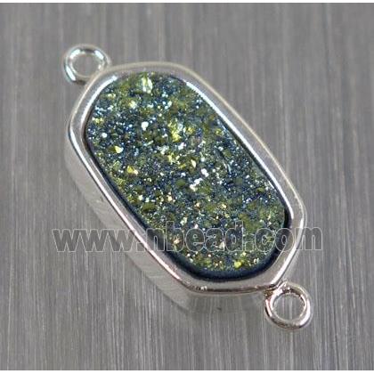 green druzy quartz connector, oval, silver plated