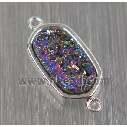 rainbow druzy quartz connector, oval, silver plated