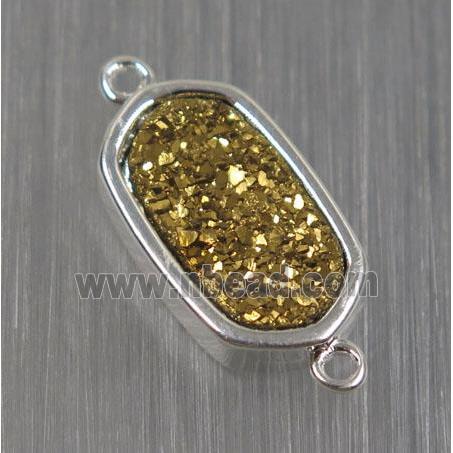 gold druzy quartz connector, oval, silver plated