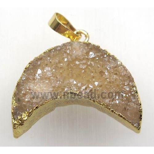 gold-champagne druzy quartz crescent pendant, moon, gold plated