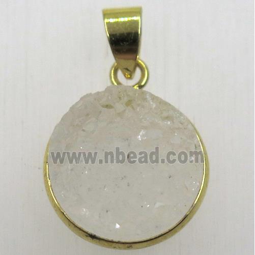 white druzy agate pendant, flat-round, gold plated