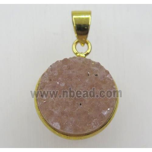 natural druzy agate pendant, flat-round, gold plated