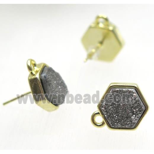 silver druzy quartz earring studs, hexagon, gold plated
