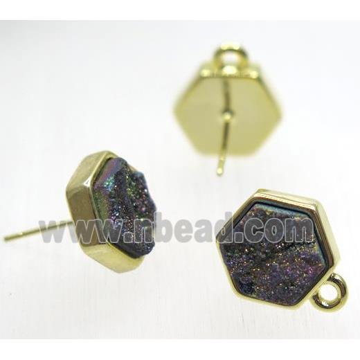 rainbow druzy quartz earring studs, hexagon, gold plated