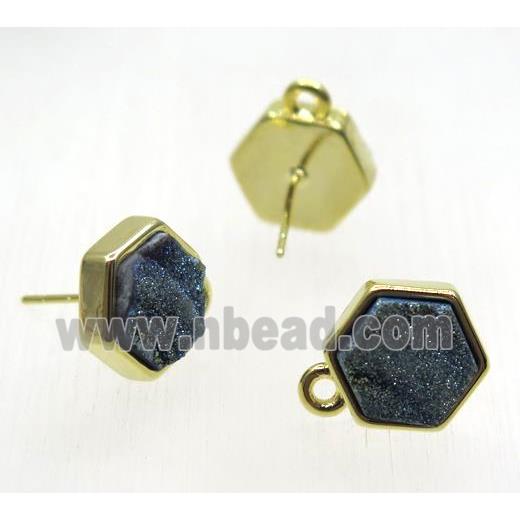 green druzy quartz earring studs, hexagon, gold plated
