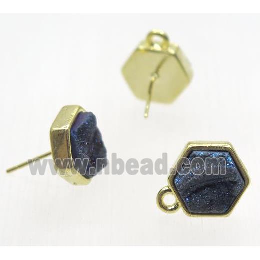 blue druzy quartz earring studs, hexagon, gold plated