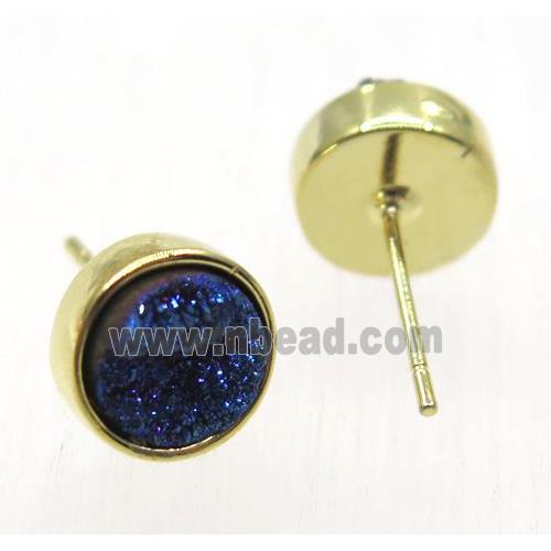 blue druzy quartz earring studs, flat-round, gold plated