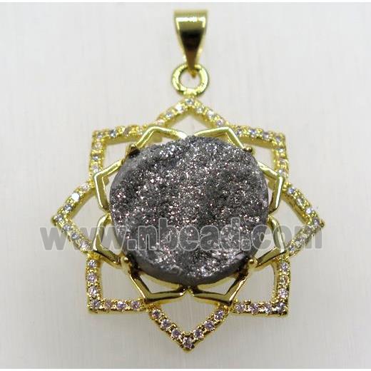 silver solar agate druzy pendant, gold plated