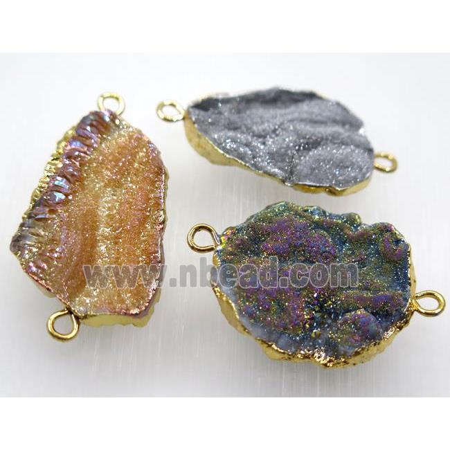 Solar Agate druzy connector, mix color, freeform, gold plated
