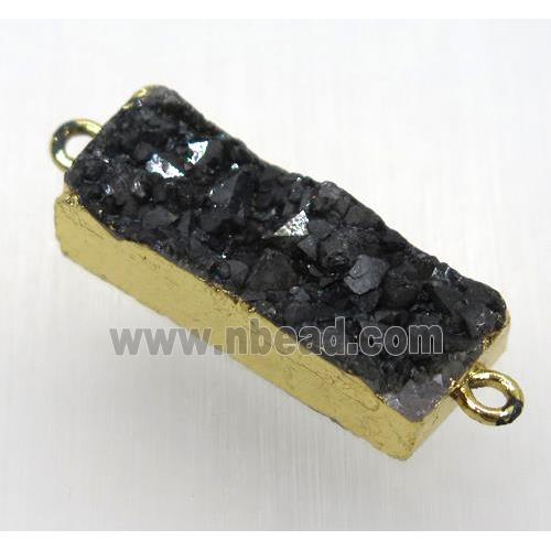 black druzy quartz connector, rectangle, gold plated