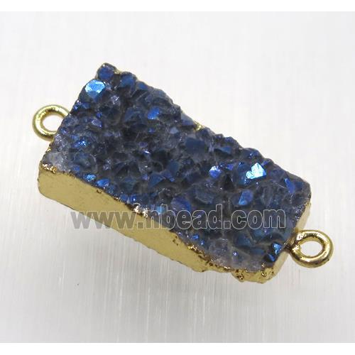 blue druzy quartz connector, rectangle, gold plated