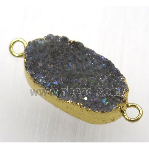rainbow druzy quartz connector, oval, gold plated