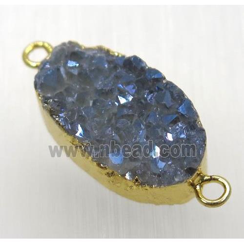 gray blue druzy quartz connector, oval, gold plated