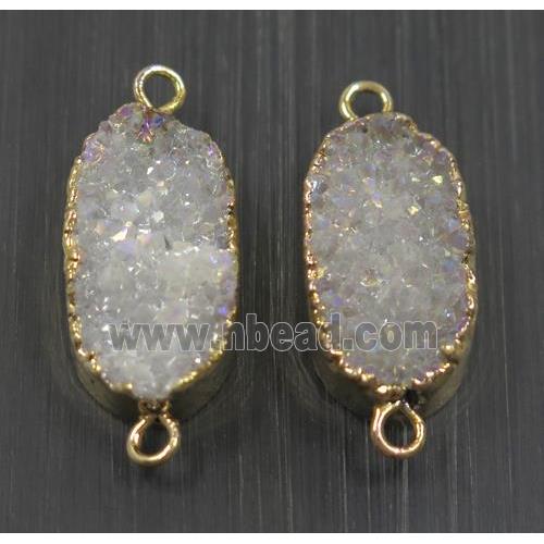 white AB-color druzy quartz connector, oval, gold plated