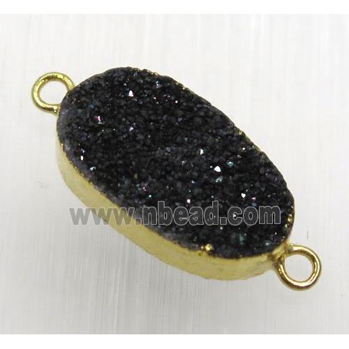 black druzy quartz connector, oval, gold plated