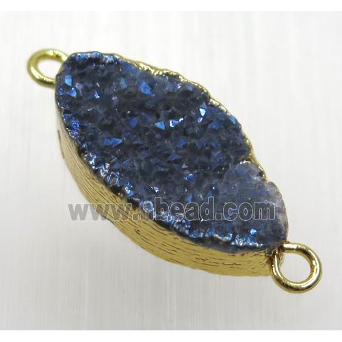blue druzy quartz Marquise connector, horse-eye, gold plated