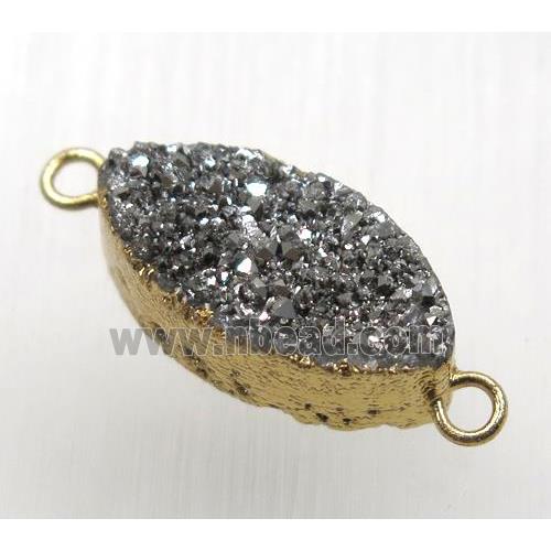 silver druzy quartz Marquise connector, horse-eye, gold plated