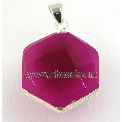 hotpink agate hexagon pendant, 925 silver plated