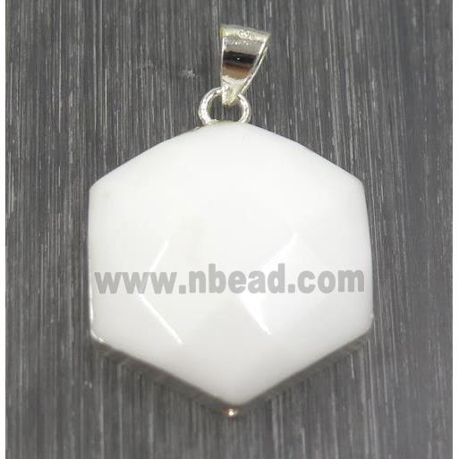 white jade hexagon pendant, 925 silver plated