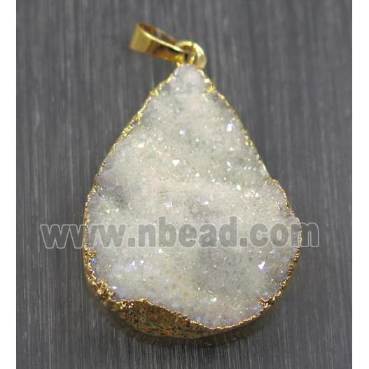 white ab-color druzy quartz teardrop pendant, gold plated