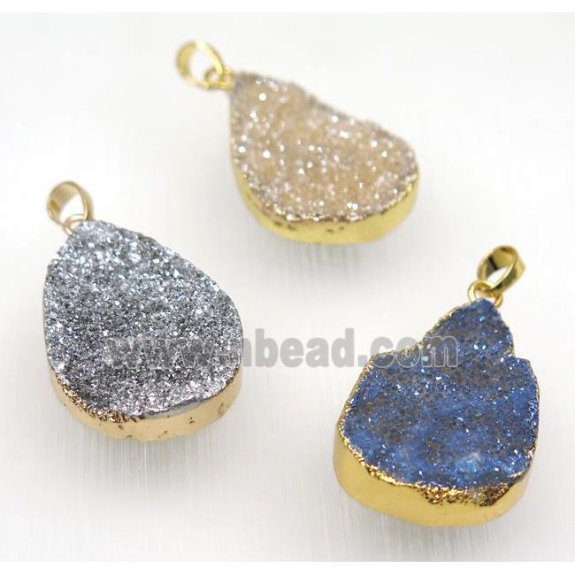 druzy quartz teardrop pendant, mix color, gold plated